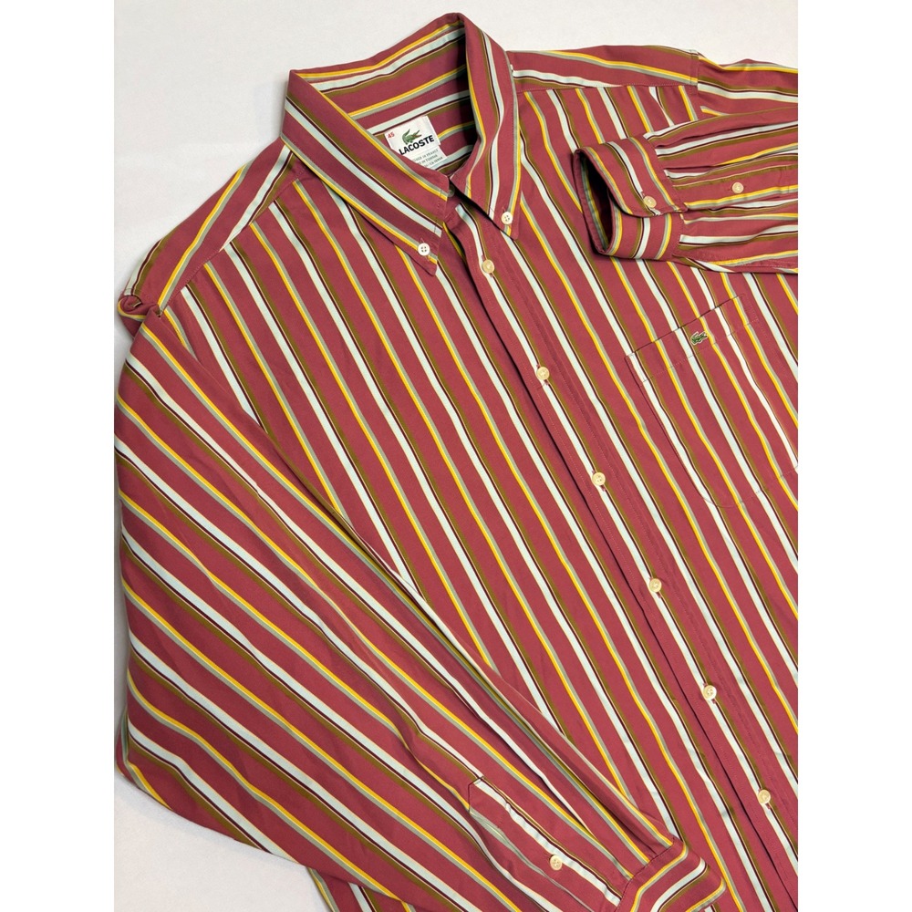 Lacoste Mens 45 Long Sleeve Button Down Shirt Red Yellow Striped Cotton F5315